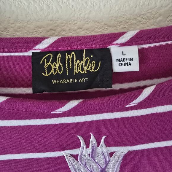 Bob Mackie Artsy Women’s Large Pink Stripe Floral Embroider 3/4 Sleeve Shirt Top - Picture 2 of 7